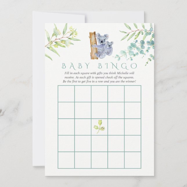 Cute Koala Bear Eucalyptus Leaves Baby Bingo (Front)
