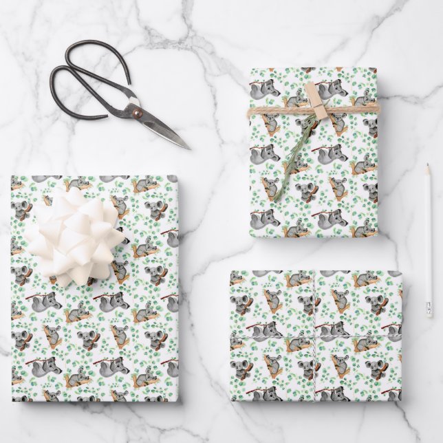Cute Koala Bear Eucalyptus Leaves Baby Gift Wrapping Paper Sheet (Front)