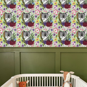Cute Koala Bear Green Australia Wildlife Floral Wallpaper