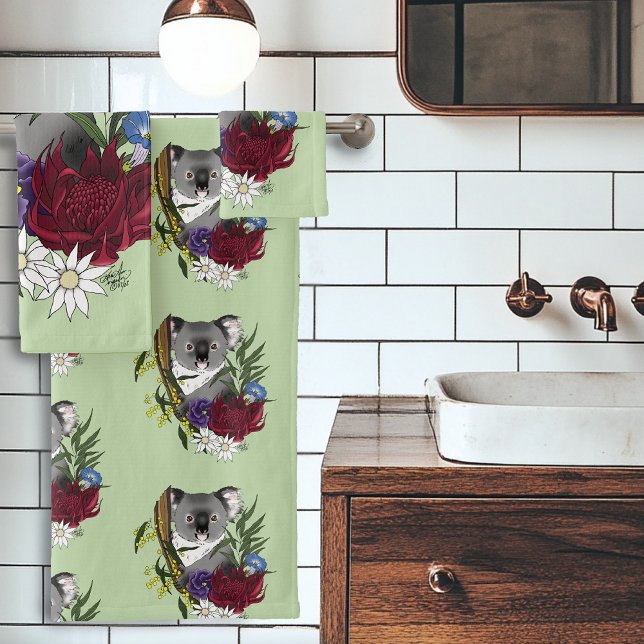 Cute Koala Bear Green Australian Wildlife Floral Bath Towel Set (Creator Uploaded)