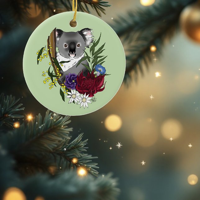 Cute Koala Bear Green Australian Wildlife Floral Ceramic Ornament (Creator Uploaded)