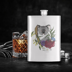 Cute Koala Bear Green Australian Wildlife Floral Hip Flask