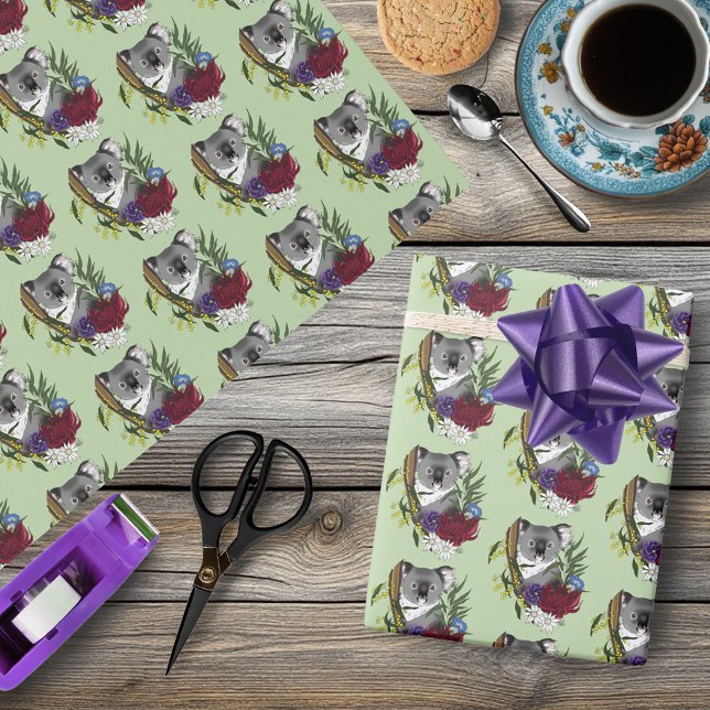 Cute Koala Bear Green Australian Wildlife Floral Wrapping Paper (Creator Uploaded)