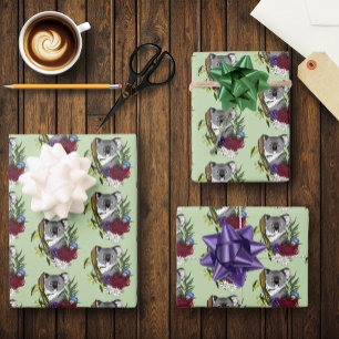 Cute Koala Bear Green Australian Wildlife Floral Wrapping Paper Sheet