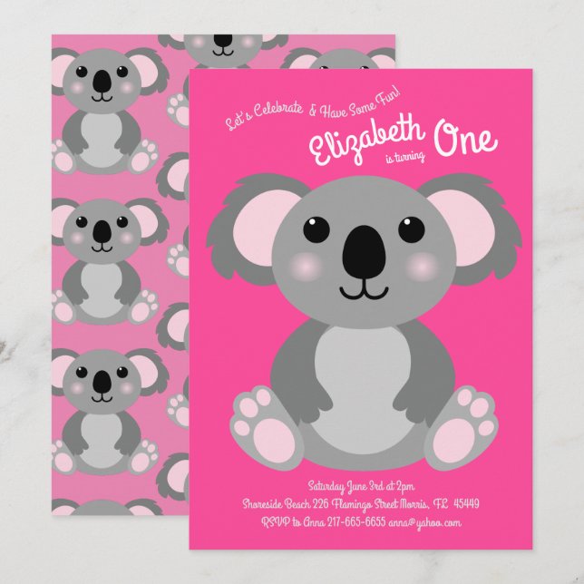 Cute Koala Bear Kids 1st Birthday Party Pink Invitation (Front/Back)