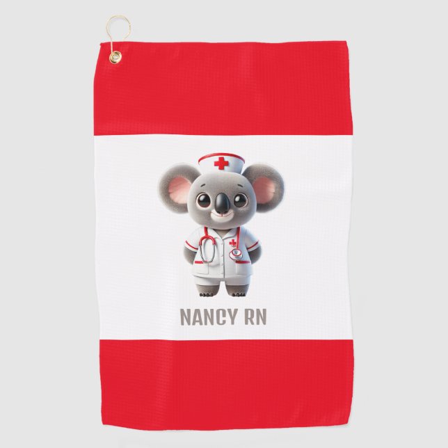 Cute Koala Bear Nurse with Red Stethoscope Golf Towel (Front)