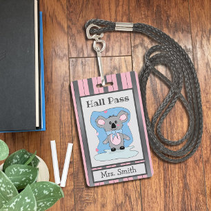 Cute Koala Bear Pink and Grey Hall Pass Badge