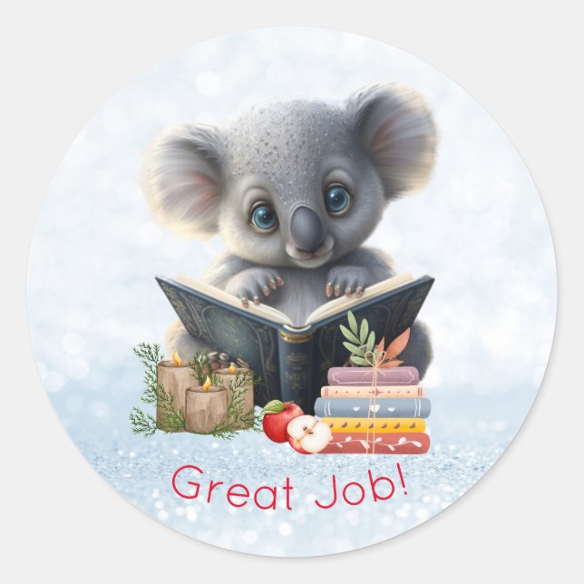 Cute Koala Bear reading books Great Job Custom  Classic Round Sticker (Front)