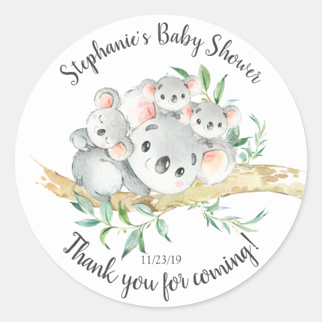 Cute Koala Bear Triplets Baby Shower Favour Classic Round Sticker (Front)
