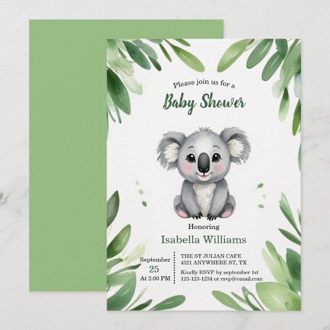 Cute Koala Bear with Green Leaves Baby Shower Invitation (Front/Back)