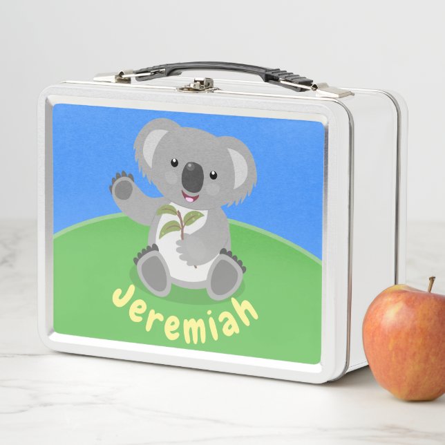 Cute koala bear with leaves cartoon illustration metal lunch box (In Situ)