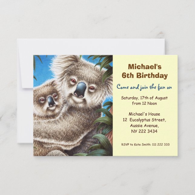 Cute Koala Birthday Party Invitation (Front)