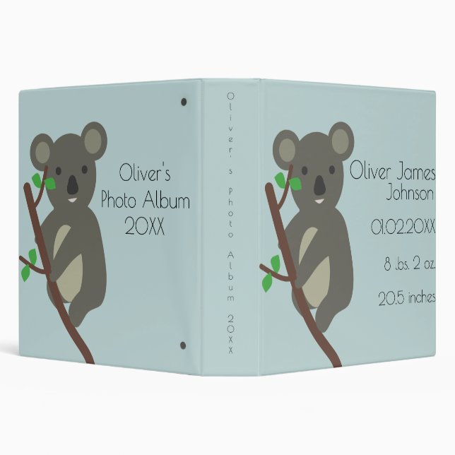 Cute Koala Blue Baby Boy Birth Stats Photo Album Binder (Background)