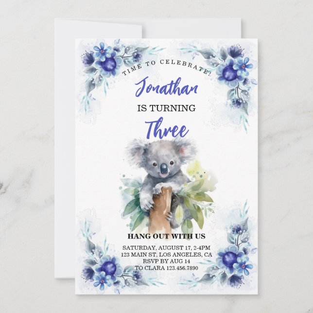 Cute Koala Editable Boy Girl Birthday Invitations (Front)