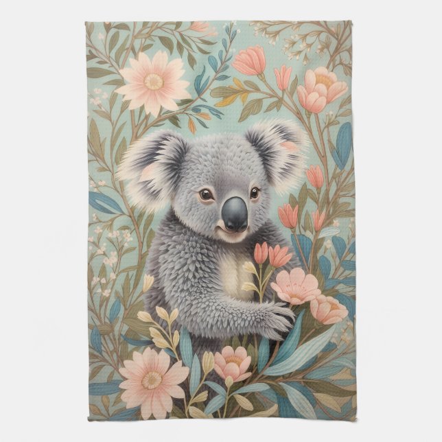 Cute Koala Elegant Pastel Floral Kitchen Towel (Vertical)