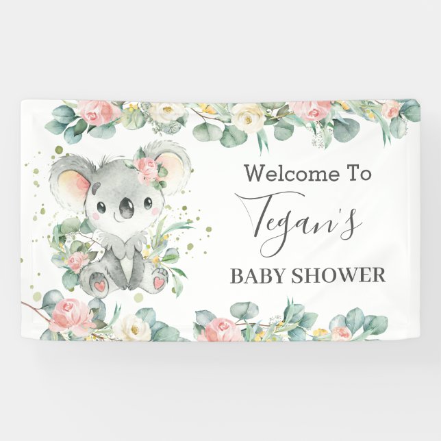 Cute Koala Eucalyptus Floral Welcome Backdrop Banner (Horizontal)