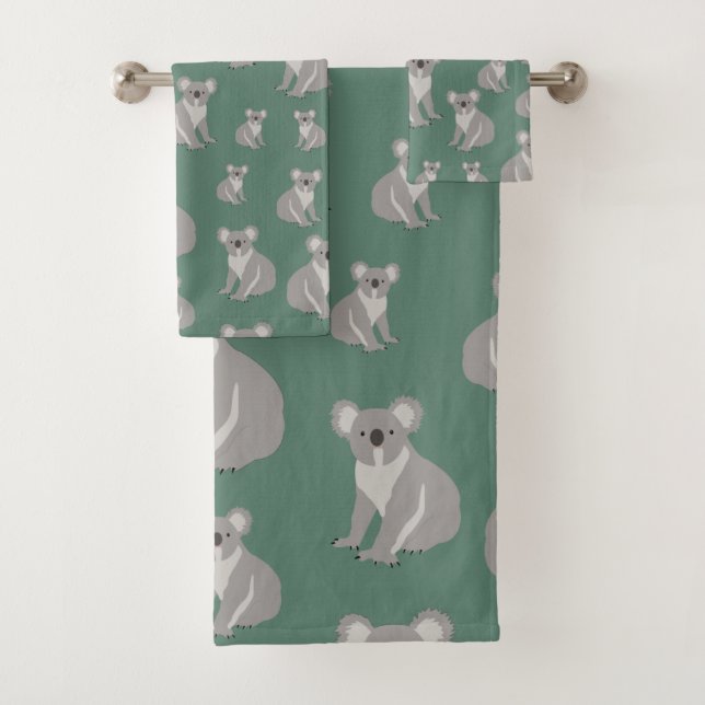 Cute Koala Eucalyptus Green Pattern Bath Towel Set (Insitu)
