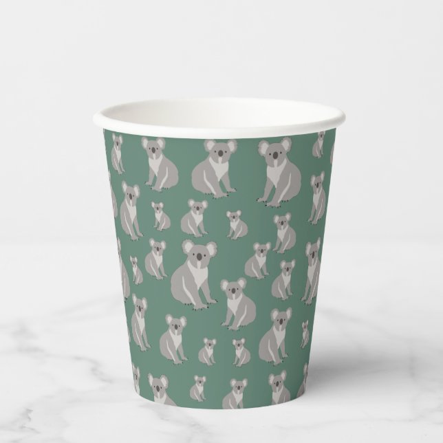 Cute Koala Eucalyptus Green Pattern Paper Cups (Front)
