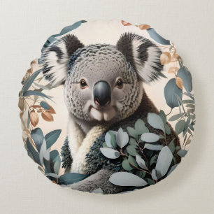 Cute Koala Eucalyptus Leaves Round Pillow
