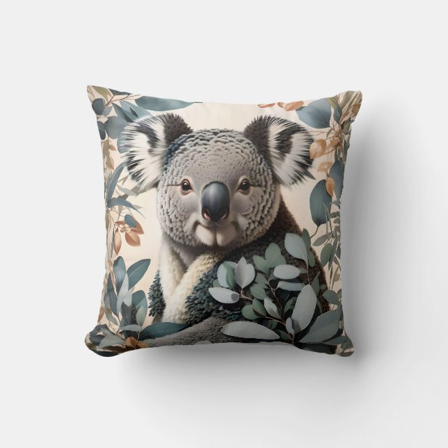 Cute Koala Eucalyptus Leaves Throw Pillow (Front)