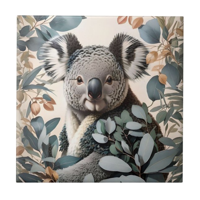 Cute Koala Eucalyptus Leaves Tile (Front)