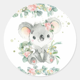 Cute Koala Eucalyptus Pink Floral Favour Classic Round Sticker
