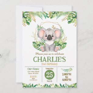 Cute Koala Floral Sage Greenery 2nd Birthday Invitation