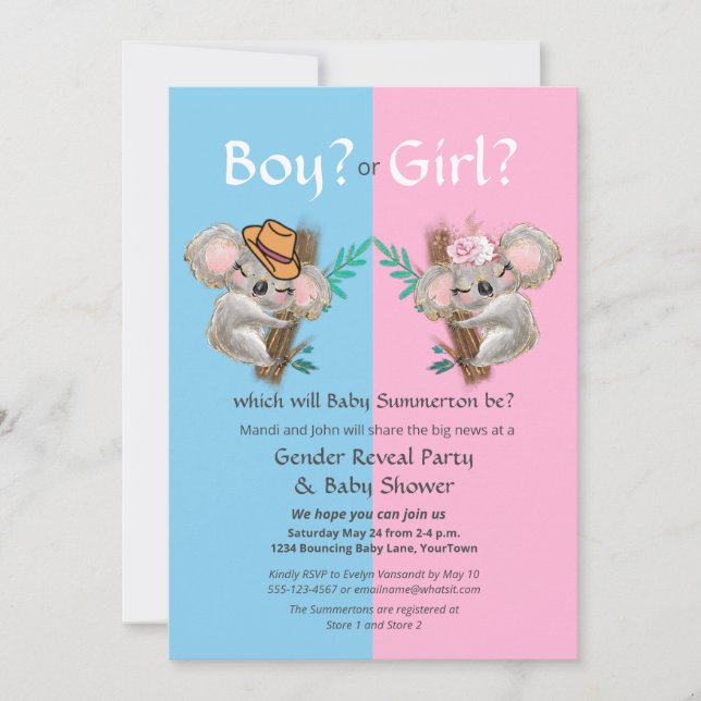 Cute Koala Gender Reveal Party / Baby Shower  Invitation (Front)