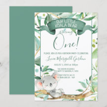 Cute Koala Green Grey First Birthday Party