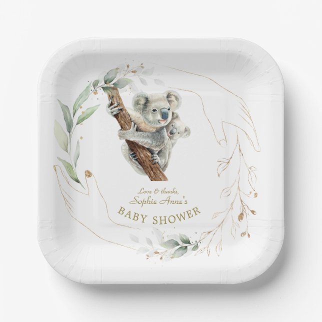 Cute Koala Greenery Gold Girl Baby Shower  Paper Plate (Front)