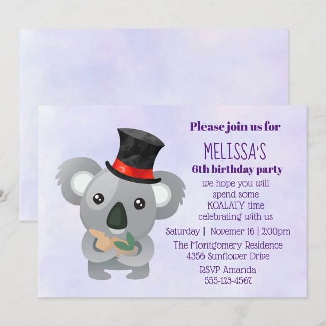 Cute Koala in a Black Top Hat Birthday Party Invitation (Front/Back)