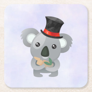 Cute Koala in a Black Top Hat Square Paper Coaster