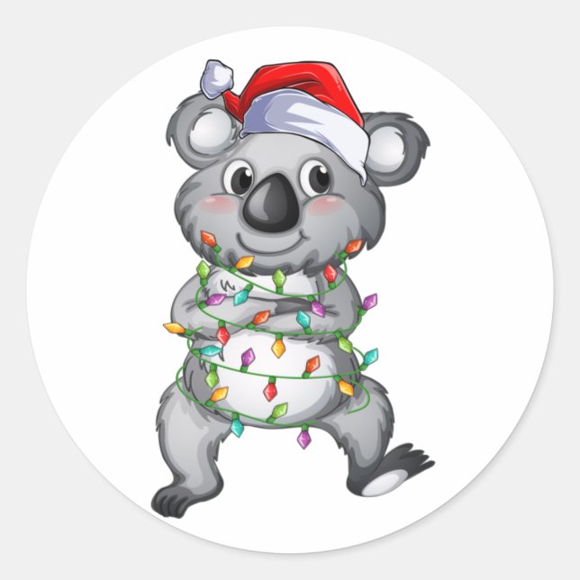 Cute koala in christmas lights classic round stick classic round sticker (Front)