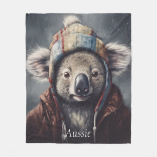 Cute Koala in Winter Hat Custom Name Fleece Blanket