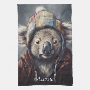 Cute Koala in Winter Hat Custom Name Kitchen Towel