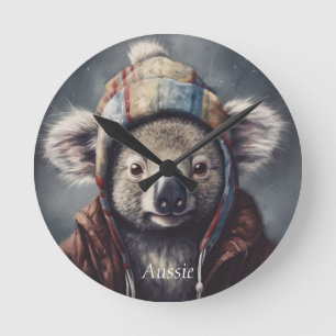 Cute Koala in Winter Hat Custom Name Round Clock