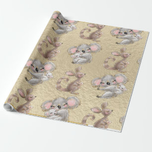 Cute Koala, Kangaroo, Gold Foil Wrapping Paper