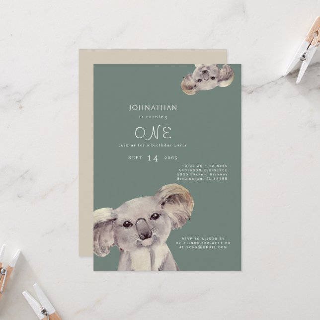 Cute Koala Ours Sage Anniversaire Fête Invitation (Devant/Arrière en situation)