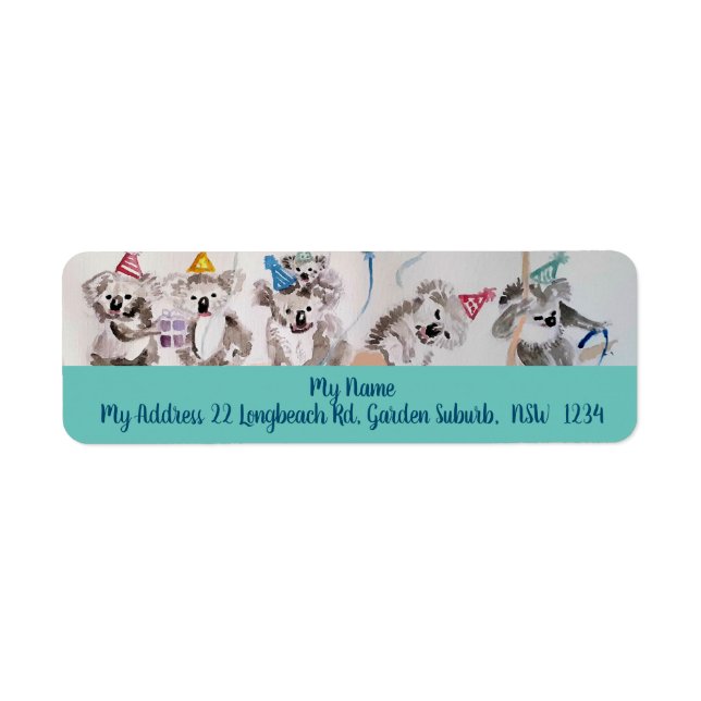 Cute Koala Party Watercolour Return Address Labels (Front)