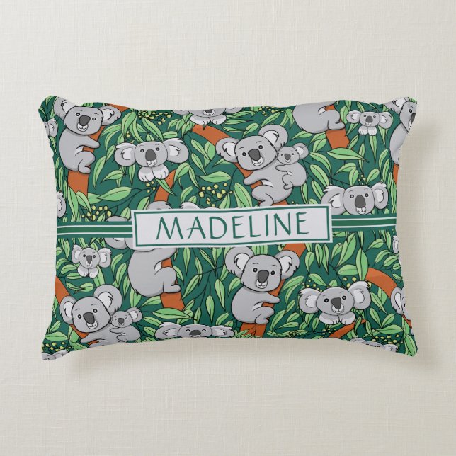 Cute Koala Pattern Personalized Hunter Green Accent Pillow (Front)