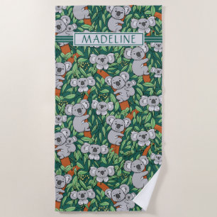 Cute Koala Pattern Personalized Hunter Green Beach Towel