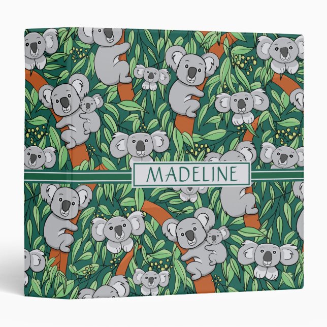 Cute Koala Pattern Personalized Hunter Green Binder (Front/Spine)