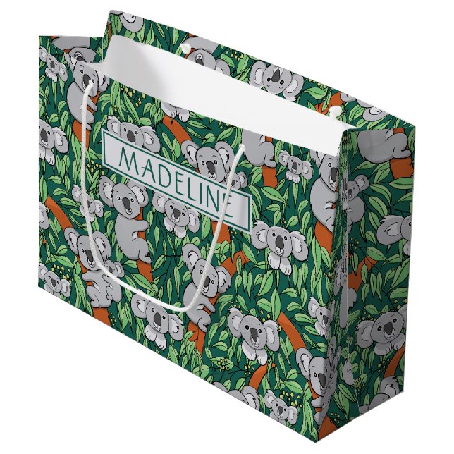 Cute Koala Pattern Personalized Hunter Green Large Gift Bag (Front Angled)