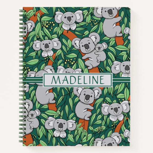 Cute Koala Pattern Personalized Hunter Green Notebook (Front)