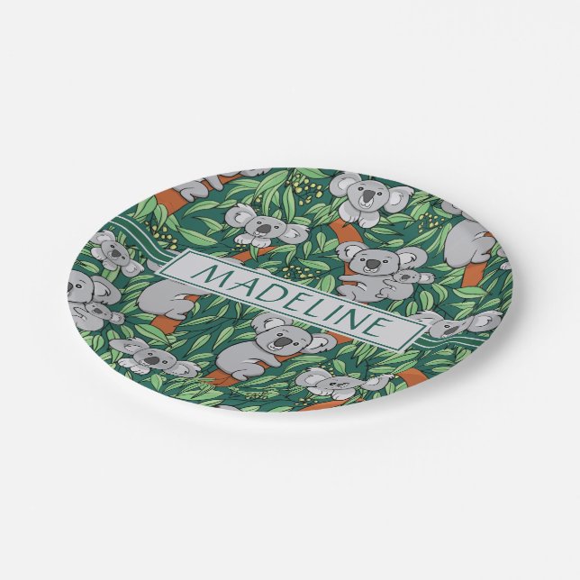 Cute Koala Pattern Personalized Hunter Green Paper Plate (Angled)