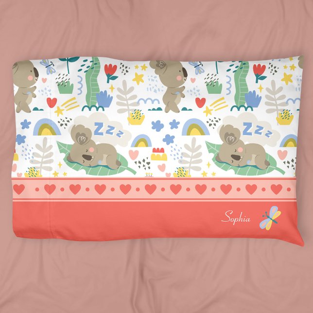 Cute Koala Pattern with Little Girl Name on Pink Pillowcase (Creator Uploaded)