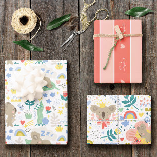 Cute Koala Pattern with Little Girl Name on Pink Wrapping Paper Sheet