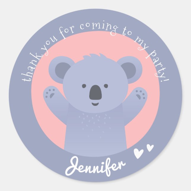 Cute Koala - Personalized Kids Birthday Thank You Classic Round Sticker (Front)