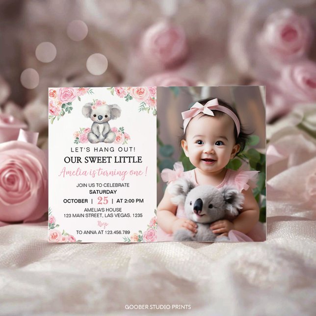 Cute Koala Pink Floral Birthday Photo Invitation (Creator Uploaded)