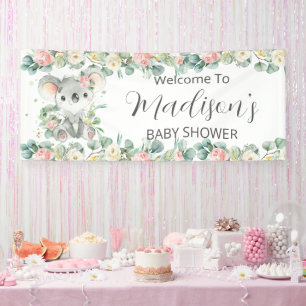 Cute Koala Pink Floral Greenery Welcome Backdrop Banner